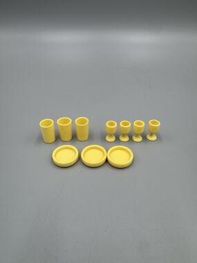 Vintage Yellow Dollhouse Plastic Goblets Cups Saucer Plates Miniature
